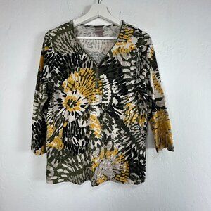 Chico's Womens 1/4 Zip Abstract Print 3/4 Sleeve Top Size 1 Cotton Green Yellow